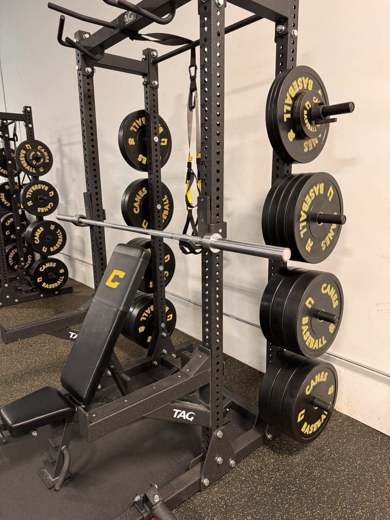 Canes Baseball branded weight plates and racks at Mount Prospect